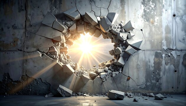 A bright sunbeam bursts through a shattered concrete wall