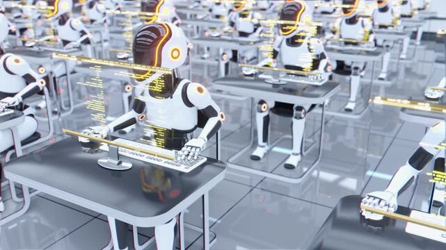Endless 3d loop of futuristic humanoid robots working at computers. Concept of mass production, factory automation, robotics industry and advanced technology workforce in a sci-fi warehouse