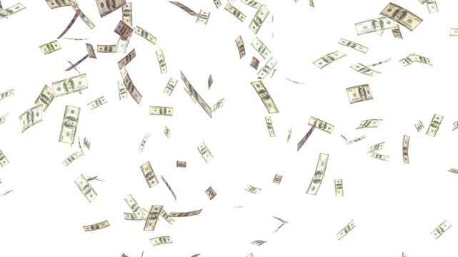 Money explosion overlay isolated chroma key. Banknotes money flying down animation loop. American money paper one hundred dollars banknotes. Money rain 4k videos. 100 Dollar bills falling down, 