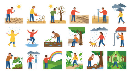 Fototapeta premium Environmental Science Weather Flat Vector Illustrations: Climate Change, Drought, Rain, Nature Observation Concepts.
