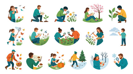 Fototapeta premium Flat Illustration of People Observing Nature, Studying Ecology and Seasonal Changes Outdoors Vector Art