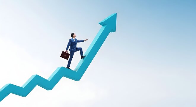 Businessman walking up a large upward arrow
Man in a suit climbing a rising arrow with a briefcase
Career growth concept with a man on an up arrow
Business success concept with an ascending arrow
Prof
