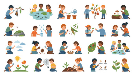 Obraz premium Children Nature Science Education Flat Vector Illustration Set. Kids Exploring Plants, Animals, Seeds Ecology