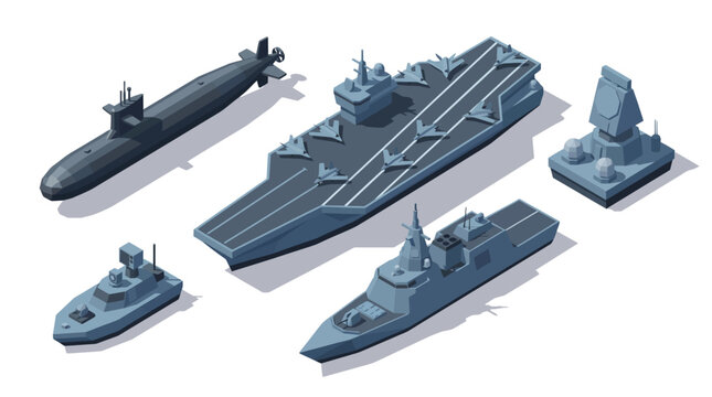 Isometric low poly naval warfare ships and modern military navy fleet icon set