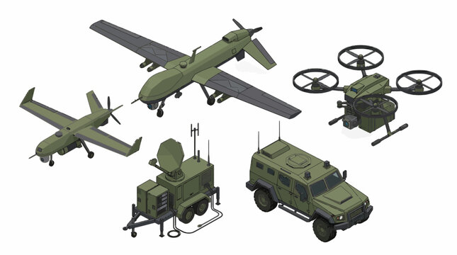 Isometric Military Drone Set, Modern UAV Unmanned Aircraft, Quadcopter and Armored Vehicle Low Poly Vector Illustration Isolated