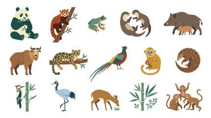 Naklejka premium Diverse Asian Wildlife Animals Collection Flat Vector Illustration. Nature Fauna Icon Set