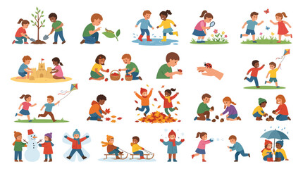 Fototapeta premium Childhood Outdoor Play: Kids Engaged in Seasonal Activities - Flat Vector Illustration Set