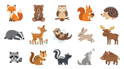 Obraz premium Adorable Flat Cartoon Forest Animals Collection - Cute Woodland Wildlife Vector Illustration Set