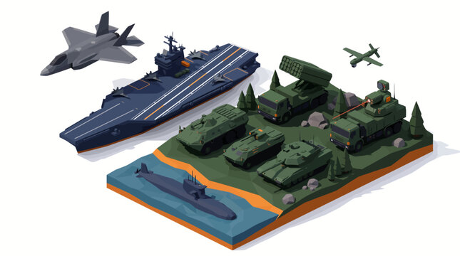 Isometric low poly multi domain military forces and modern joint defense operation diorama