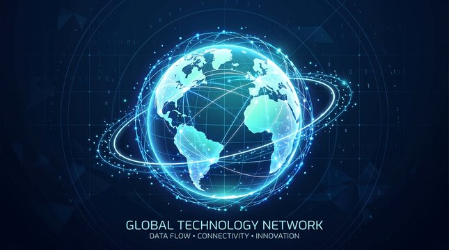 Futuristic digital globe rotating with global network connection data flow patterns and blue planetary connectivity for 2026 innovation technology concept