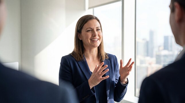 Success is embodied in this businesswoman as she confidently navigates her corporate career, smiling while collaborating with her team.