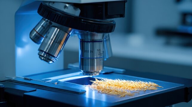 Advanced scientific microscope analyzing a grain sample with detailed magnification for precise research and analysis in a laboratory setting.