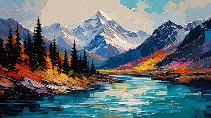 Vibrant Impressionist Landscape Painting of a Serene Mountain Valley with a Reflecting River and Autumn Foliage. © blu
