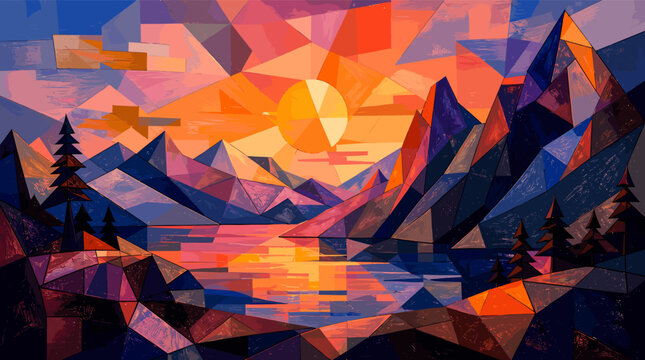 Abstract geometric landscape painting featuring a vibrant sunset over a tranquil lake surrounded by angular mountains and stylized trees.