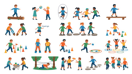 Fototapeta premium Happy Kids Physical Education Activities Flat Vector Illustration Collection for Child Development