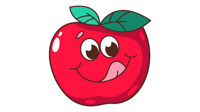 Cute cartoon red apple character licking lips vector illustration. Happy smiling fruit doodle with big eyes and green leaves isolated on black background.