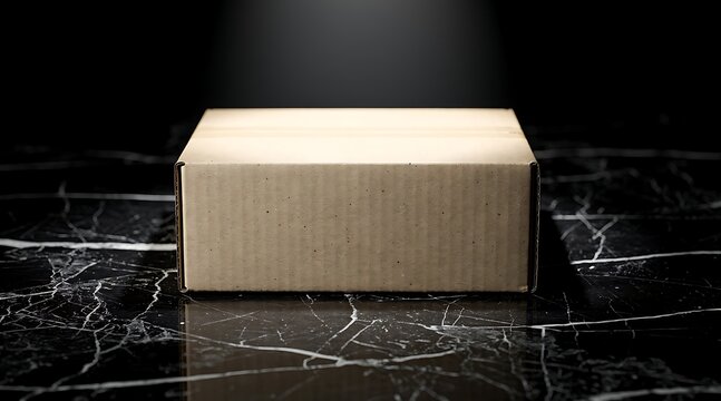 A plain cardboard box sits on a dark marble surface.