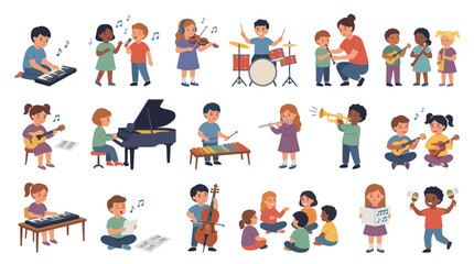 Fototapeta premium Kids Music Education Flat Vector Illustrations. Diverse Children Learning and Playing Musical Instruments.