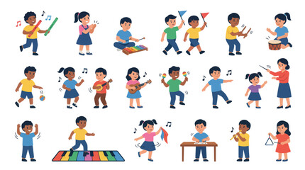 Fototapeta premium Happy Diverse Children Playing Music and Learning Instruments in Education Class - Flat Vector Illustration Set