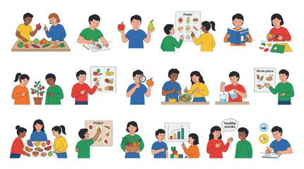 Fototapeta premium Diverse Kids Students Learning Healthy Eating Nutrition. Flat Vector Illustration Set of Educational Activities.