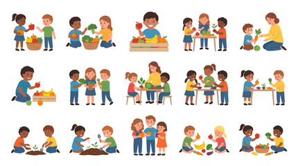 Fototapeta premium Flat Vector Illustrations of Kids Learning Healthy Food, Nutrition, and Gardening Education