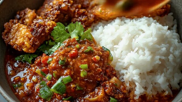 Food bowl rice, orange chicken, red sauce, cilantro, scallions, close-up