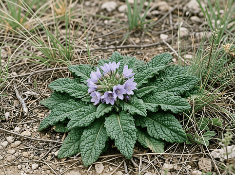 Close-up of Mandragora officinarum Leaves and Purple Bell-shaped Blooms in Spring on Rocky Ground
