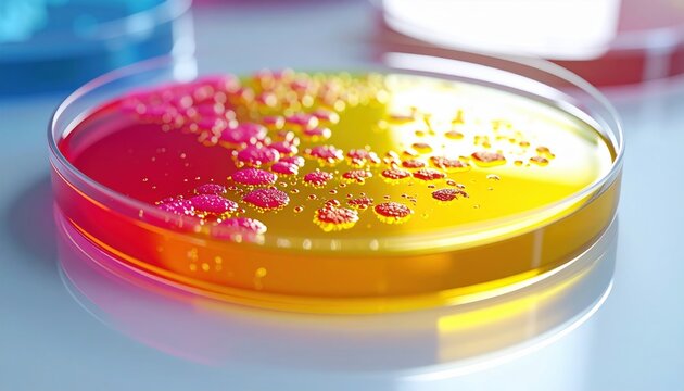 Pink Bacterial Colonies Growing on Yellow Agar in a Petri Dish, Scientific Laboratory Culture