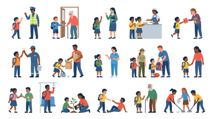 Fototapeta premium Diverse People Helping Children, Community Care, Education, Flat Vector Art