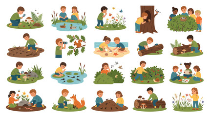 Fototapeta premium Flat Vector Illustrations Set of Kids Exploring Nature and Wildlife, Engaging in Educational Outdoor Activities