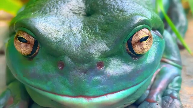 Extreme close-up of a vibrant green frog's face with golden eyes