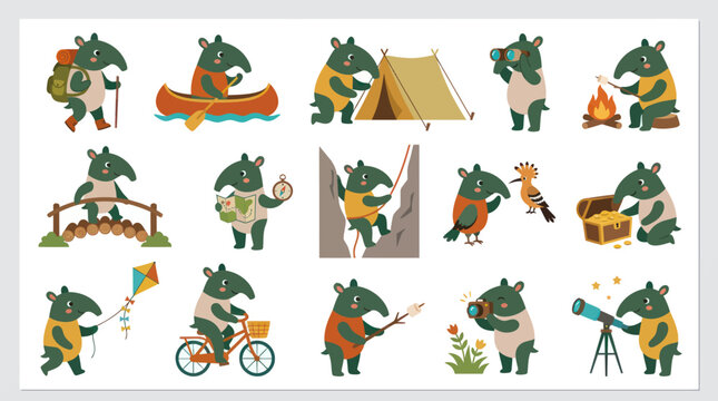 Cute Cartoon Tapir Characters in Outdoor Adventure and Camping Scenes, Flat Style