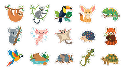 Obraz premium Cute Cartoon Animals Stickers - Exotic Wildlife Characters Flat Style Vector Set
