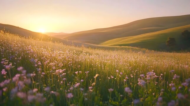 Tranquil landscape rolling hills and floral meadow at sunrise or sunset