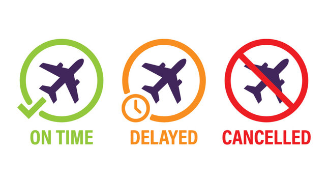Colorful vector illustration showing airplane status icons for on time delayed and cancelled flight schedules