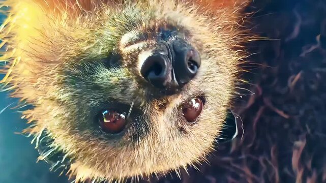Close-up of a sloth's face hanging upside down in a lush green forest environment