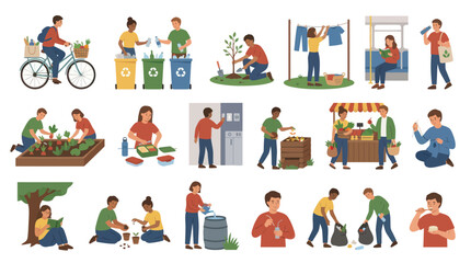 Fototapeta premium Eco-friendly lifestyle vector illustrations: recycling, gardening, sustainable living