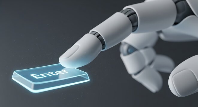 Robot Hand Pressing A Glowing Blue Enter Key Button For Digital Command And System Activation