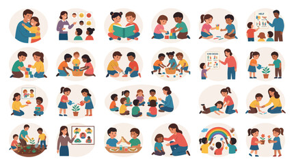 Fototapeta premium Early Childhood Education and Childcare Activities Flat Vector Illustration Set with Kids, Teachers Parents