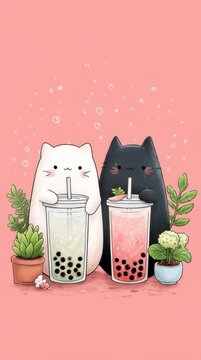 Cute cat holding bubble tea cup.