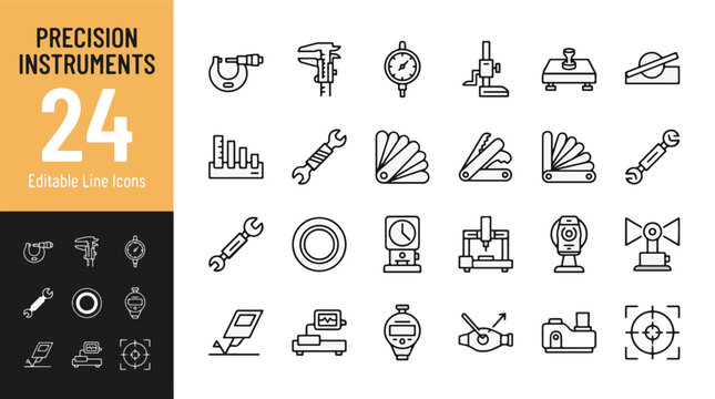 Precision instruments and measuring tools line icons set. Micrometer, caliper, dial indicator, and gauge collection for engineering and manufacturing. Professional industrial outline vector icons.