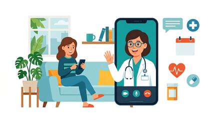 Fototapeta premium A woman consults with a doctor via video call on her smartphone while sitting on a sofa in a cozy living room, illustrating telemedicine convenience