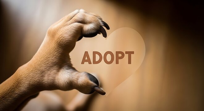 A dog's paw forming a heart with the word adopt