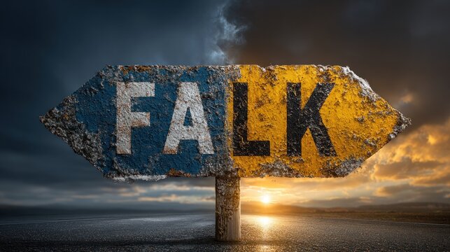 Symbolic signpost for Falk with a dramatic sunset sky and road