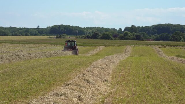 Red tractor raking hay on a sunny summer field