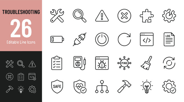 Troubleshooting line icons set. Technical support, maintenance, and computer repair collection. Professional outline icon pack for web and app design. Editable stroke vector illustration set.