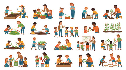 Fototapeta premium Children Gardening Learning Science Outdoors Education Flat Vector Art