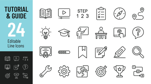 Tutorial and guide line icon set for education, learning, and online training. Instruction manual, step-by-step process, student, teacher, graduation, goal, help, and progress editable stroke vector.
