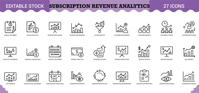 Subscription Revenue Analytics Icon Set - 27 Editable Vector Icons for SaaS & Recurring Revenue. Includes annual recurring revenue, monthly recurring, churn analysis, billing analytics, customer lifet