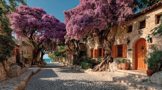 Charming cobblestone street lined with stone houses and blooming jacaranda trees
